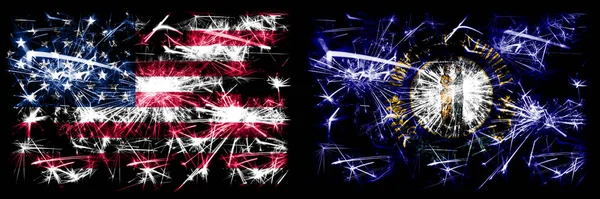 United States of America vs Kentucky New Year celebration sparkling fireworks flags concept background. Combination of two american states flags. — Stock Photo, Image