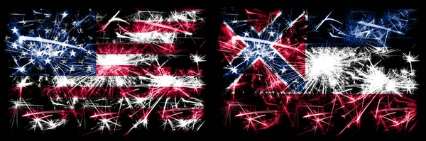 United States of America vs Mississippi Nieuwjaarsviering sprankelend vuurwerk vlaggen concept achtergrond. Combinatie van twee Amerikaanse vlaggen. — Stockfoto
