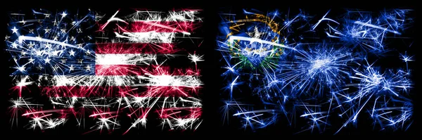 Stany Zjednoczone Ameryki vs Nevada Nowy Rok świętować musujące fajerwerki flagi tle koncepcji. Połączenie dwóch bander państw amerykańskich. — Zdjęcie stockowe