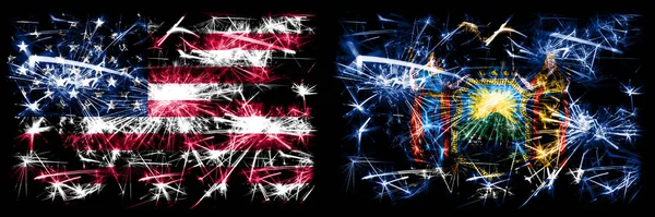 USA vs New York nyårsfirande gnistrande fyrverkerier flaggor koncept bakgrund. Kombination av två amerikanska flaggstater. — Stockfoto