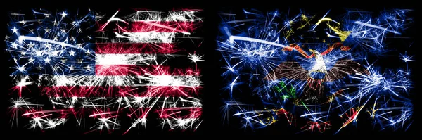 美国对北达科他州新年庆祝闪耀的烟花旗帜概念背景。 两个美国州旗的组合. — 图库照片