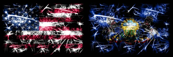 Estados Unidos da América vs Pensilvânia celebração Ano Novo fogos de artifício espumantes bandeiras fundo conceito. Combinação de duas bandeiras dos estados americanos . — Fotografia de Stock