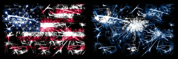 Estados Unidos da América vs Carolina do Sul celebração Ano Novo fogos de artifício espumantes bandeiras fundo conceito. Combinação de duas bandeiras dos estados americanos . — Fotografia de Stock
