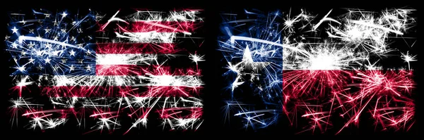 United States of America vs Texas New Year celebration sparkling fireworks flags concept background. Combination of two american states flags.