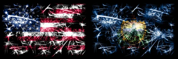 USA vs Vermont nyårsfirande gnistrande fyrverkerier flaggor koncept bakgrund. Kombination av två amerikanska flaggstater. — Stockfoto