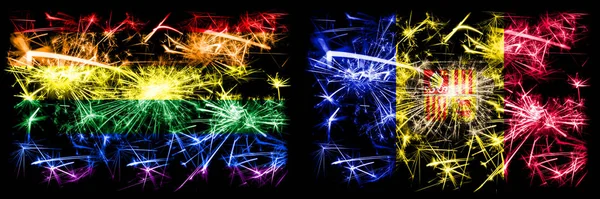 Gej duma vs Andora, Andora Nowy Rok uroczystości musujące fajerwerki flagi koncepcja tło. Abstrakcyjne połączenie dwóch flag. — Zdjęcie stockowe
