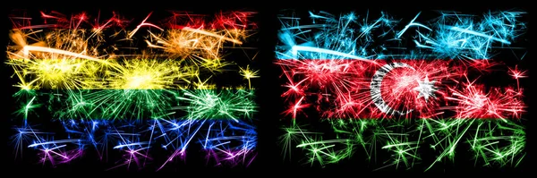 Gej duma vs Azerbejdżan, Azerbejdżan Nowy Rok uroczystości musujące fajerwerki flagi tle koncepcji. Abstrakcyjne połączenie dwóch flag. — Zdjęcie stockowe