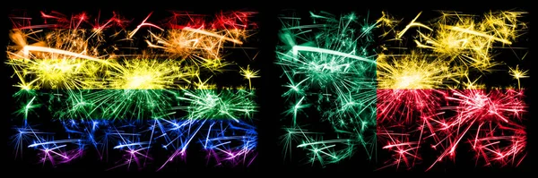 Gay pride vs benin, beninesische Neujahrsfeier funkelndes Feuerwerk Flaggen Konzept Hintergrund. abstrakte Kombination zweier Flaggen. — Stockfoto