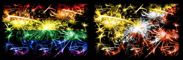 Gay pride vs bhutan, bhutanische Neujahrsfeier funkelnden Feuerwerk Flaggen Konzept Hintergrund. abstrakte Kombination zweier Flaggen. — Stockfoto