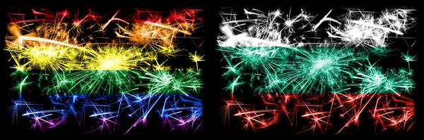 Meleg büszkeség vs Bulgária, bolgár újév ünneplés pezsgő tűzijáték zászlók koncepció háttér. Két zászló elvont kombinációja. — Stock Fotó