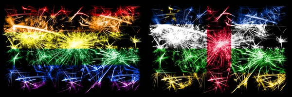 Meleg büszkeség vs Közép-afrikai Köztársaság Újévi ünneplés szikrázó tűzijáték zászlók koncepció háttér. Két zászló elvont kombinációja. — Stock Fotó