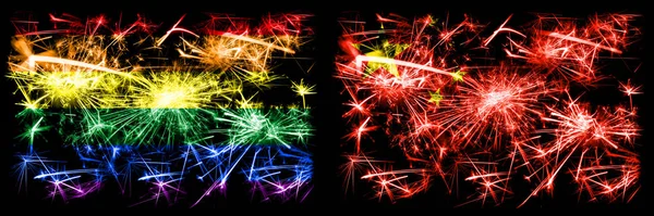 Meleg büszkeség vs Kína, kínai újévi ünneplés szikrázó tűzijáték zászlók koncepció háttér. Két zászló elvont kombinációja. — Stock Fotó