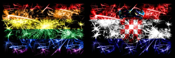 Gay hrdost vs Chorvatsko, chorvatský Nový rok oslavy jiskřivé ohňostroje vlajky koncept pozadí. Abstraktní kombinace dvou vlajek. — Stock fotografie