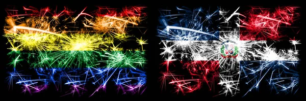 Gay pride vs Dominican Republic New Year celebration sparkling fireworks flags concept background. Abstract combination of two flags. — Stock Photo, Image