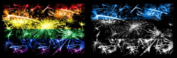 Гей-парад vs Эстония, празднование эстонского Нового года, фейерверки и флаги. Абстрактное сочетание двух флагов . — стоковое фото