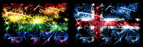 Gej duma vs Islandia islandzki Nowy Rok uroczystości musujące fajerwerki flagi pojęcie tło. Abstrakcyjne połączenie dwóch flag. — Zdjęcie stockowe