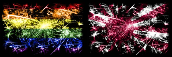 Gay pride vs Japan, Japanese, sun New Year celebration sparkling fireworks flags concept background. Abstract combination of two flags. — Stock Photo, Image