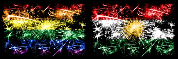 Orgulho gay vs Curdistão, celebração do Ano Novo Curdo fogos de artifício cintilantes fundo conceito bandeiras. Combinação abstrata de duas bandeiras . — Fotografia de Stock