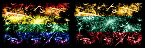Meleg büszkeség vs Litvánia, litván újév ünneplés szikrázó tűzijáték zászlók koncepció háttér. Két zászló elvont kombinációja. — Stock Fotó