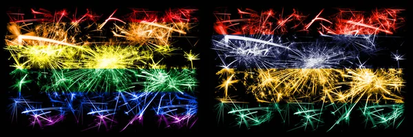 Γκέι υπερηφάνεια vs Μαυρίκιος, Μαυρίκιος Πρωτοχρονιά γιορτή αφρώδη πυροτεχνήματα έννοια φόντο. Αφηρημένος συνδυασμός δύο σημαιών. — Φωτογραφία Αρχείου