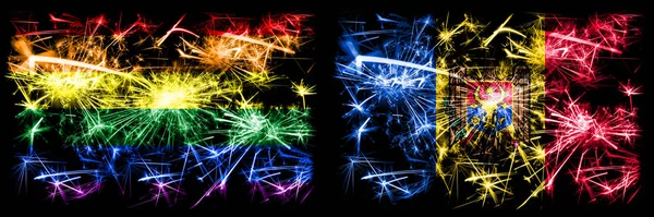 Gej duma vs Mołdawia, mołdawski Nowy Rok uroczystości musujące fajerwerki flagi tło koncepcja. Abstrakcyjne połączenie dwóch flag. — Zdjęcie stockowe