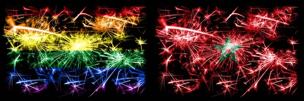 Orgullo gay vs Marruecos, celebración marroquí Año Nuevo brillante banderas de fuegos artificiales concepto de fondo. Combinación abstracta de dos banderas . — Foto de Stock