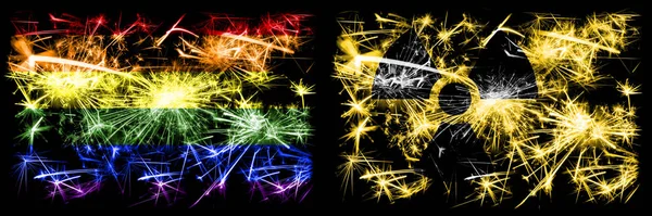 Gay pride vs Nuclear, radioactive, radiation, hazard New Year celebration sparkling fireworks flags concept background. Abstract combination of two flags.