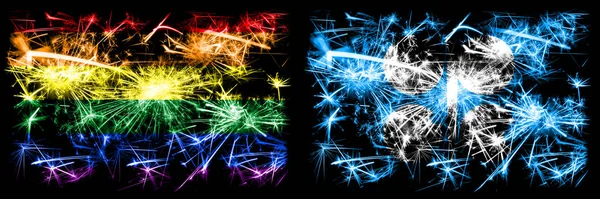 Gay pride vs OPEC New Year celebration sparkling fireworks flags concept background. Abstract combination of two flags. — Stock Photo, Image
