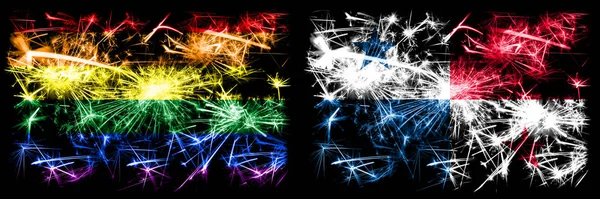 Gay pride vs Panama New Year celebration sparkling fireworks flags concept background. Abstract combination of two flags. — Stock Photo, Image