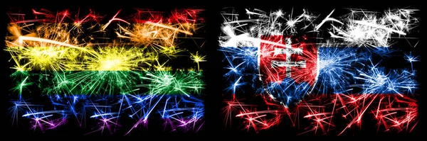 Gay pride vs Slovakia, Slovakian New Year celebration sparkling fireworks flags concept background. Abstract combination of two flags. — Stock Photo, Image