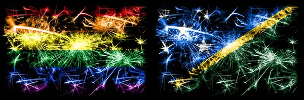 Gay pride vs Solomon Islands New Year celebration sparkling fireworks flags concept background. Abstract combination of two flags. — Stock Photo, Image