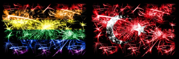 Orgulho gay vs Turquia, celebração do Ano Novo turco fogos de artifício cintilantes bandeiras fundo conceito. Combinação abstrata de duas bandeiras . — Fotografia de Stock