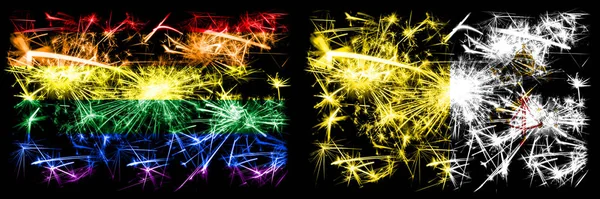 Gay pride vs vatican city new year feier funkelndes Feuerwerk Flaggen Konzept Hintergrund. abstrakte Kombination zweier Flaggen. — Stockfoto