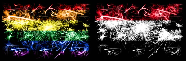 Gay pride vs Yemen, Yemeni New Year celebration sparkling fireworks flags concept background. Abstract combination of two flags. — Stock Photo, Image