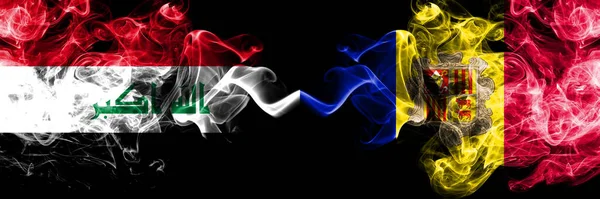 Irak Irak Kontra Andorra Andorran Rökiga Mystiska Flaggor Placerade Sida — Stockfoto