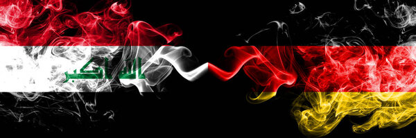 Iraq, Iraqi vs Germany, German smoky mystic flags placed side by side. Thick colored silky smokes flags together
