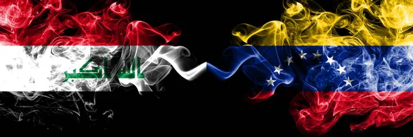 Irak Lrak Mot Venezuela Venezuelansk Røykfarget Mystisk Flagg Plassert Side – stockfoto
