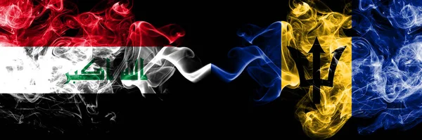 Irak Irak Mot Barbados Barbadianska Rökiga Mystiska Flaggor Placerade Sida — Stockfoto