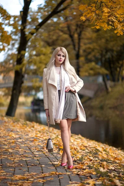 Mulher andando no parque de outono — Fotografia de Stock