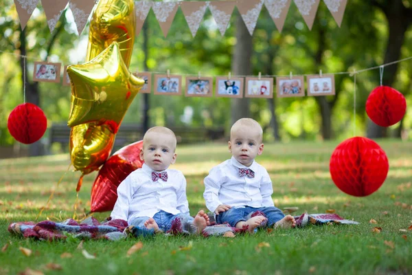 Fratelli Gemelli Festeggiano Suo Primo Compleanno — Foto Stock