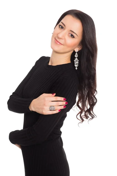 Beautiful fashionable young woman in black dress — Stock Photo, Image