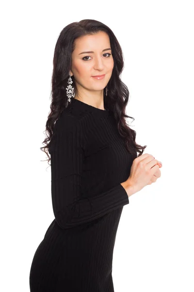 Beautiful girl in black dress isolated on white — Stock Photo, Image