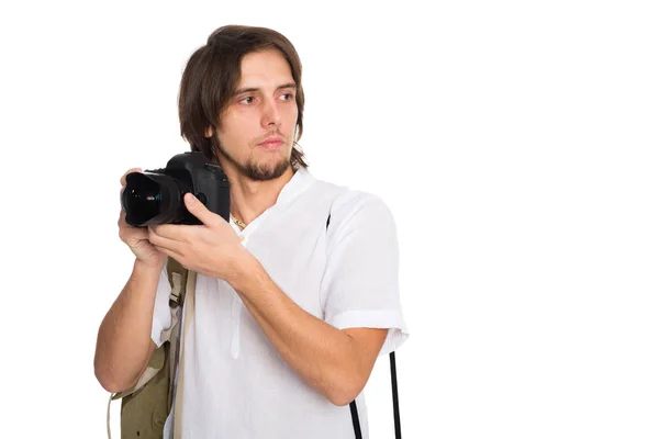 Beau photographe avec appareil photo en costume de plage — Photo