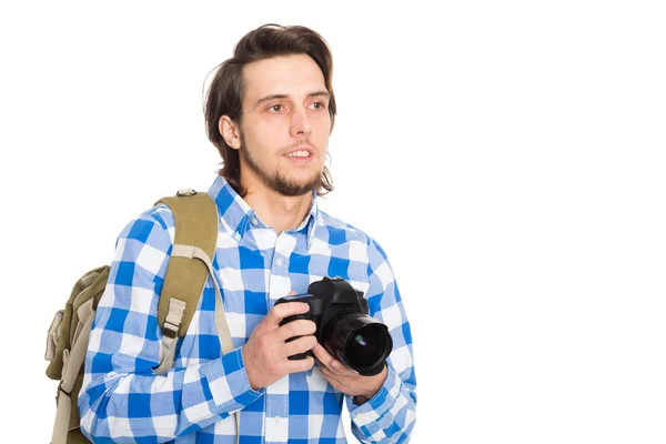 Joven guapo con una cámara en traje de verano — Foto de Stock