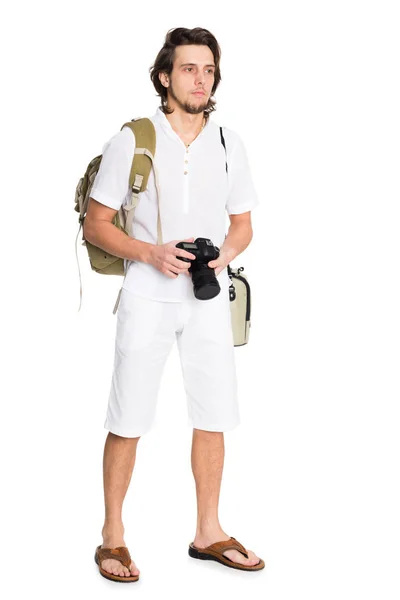 Молодой человек в летнем костюме с камерой — стоковое фото