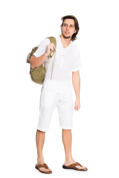 Jovem homem bonito em um terno de verão com uma mochila — Fotografia de Stock