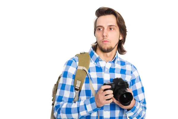 Schöner junger Mann mit Kamera im Sommeranzug — Stockfoto