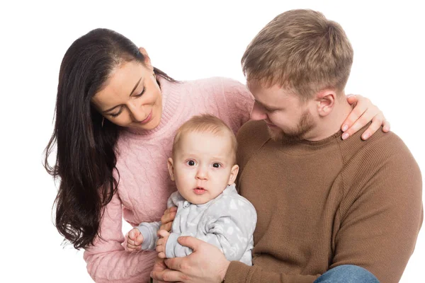 Glücklicher Familienvater Mutter Und Kleiner Junge Isolation Auf Weiß — Stockfoto
