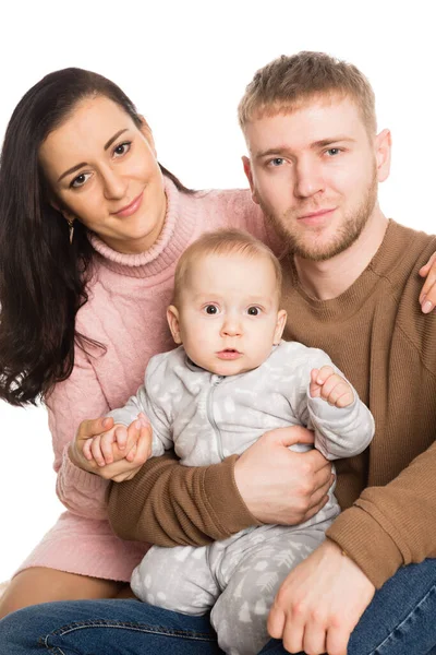 Lycklig Familj Far Mor Och Liten Pojke Isolering Vitt — Stockfoto