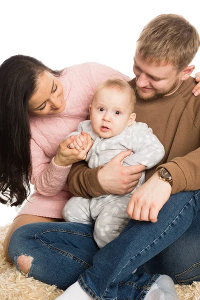 Glücklicher Familienvater Mutter Und Kleiner Junge Isolation Auf Weiß — Stockfoto